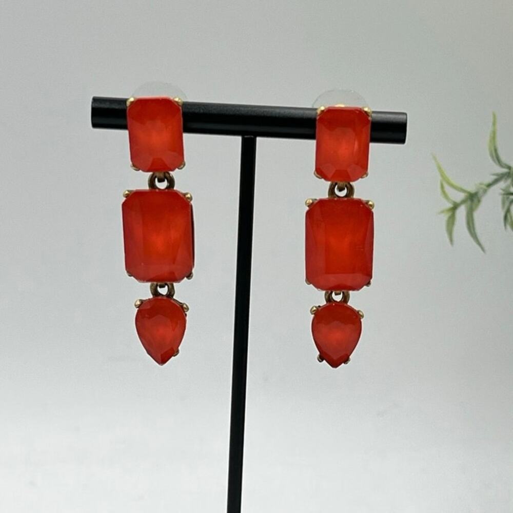 Loren Hope Signed Red Neon Orange Coral Statement Rhinestone Glass Earrings